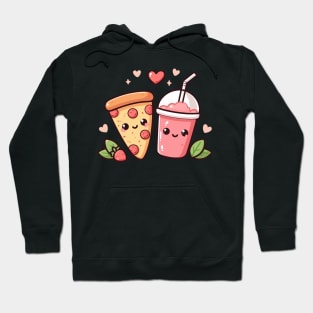 Pepperoni Pizza and Strawberry Drink with Hearts in Kawaii Style | Kawaii Food Art Hoodie